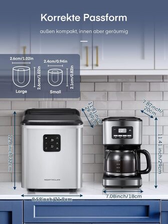 NORTHCLAN Stainless Steel Ice Maker - 14kg Capacity, 2 Sizes, Self-Cleaning, Fast Ice Production, LED Display, 2L Tank, Includes Scoop & Basket