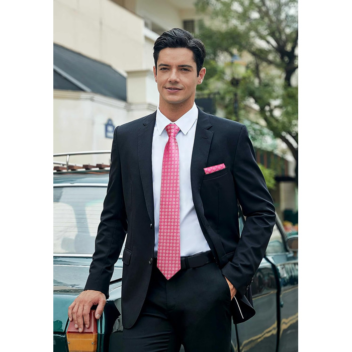 HISDERN Комплект краватки та нагрудного хустинки в клітинку для чоловіків (Фуксія Рожевий)