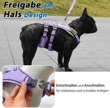 Нашийник для собак з повідком, безпечний нашийник від виривання, анти-тяга, нашийник для собак з ручкою та світловідбиваючими елементами, легкий, регульований, для середніх собак (XS) (Дуже маленький, фіолетовий)