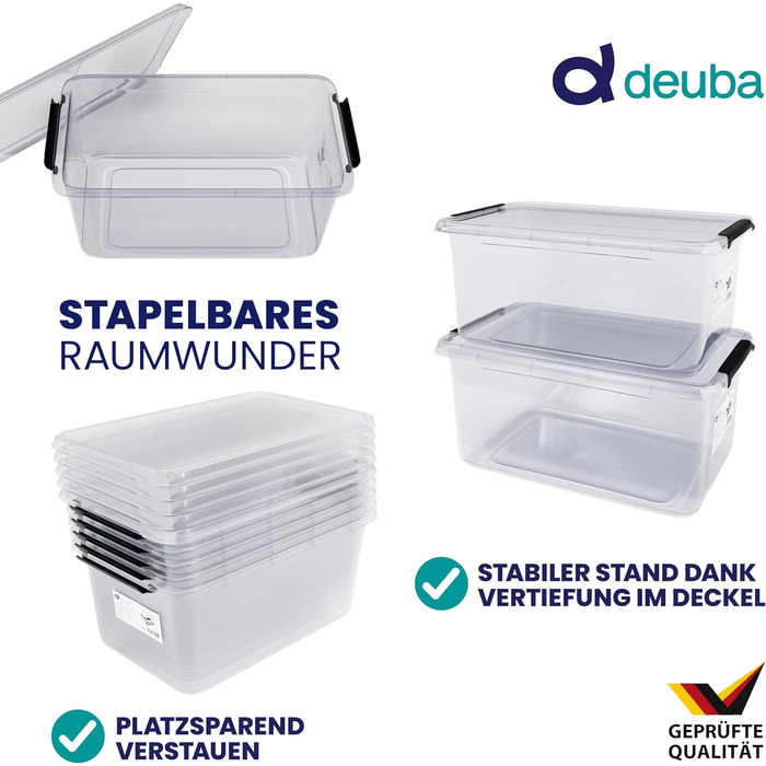 Deuba® 10x Storage Box with Lid - Plastic Boxes, Food Safe, BPA Free, Small, Click Closure, Transparent, Stackable, Kitchen, Bedroom (5L, Set of 6)