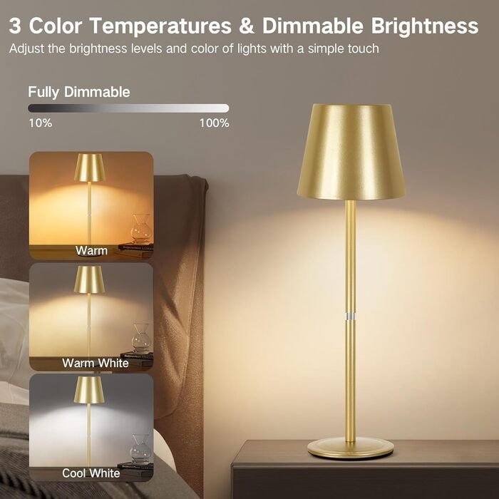 LED настільна лампа OUTON 2 шт. Бездротова, з регулюванням яскравості, 3 режими кольору, USB-C, IP54, 30 годин роботи, для дому та вулиці, чорний/золотий