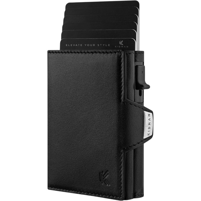 KIDMAN Icarus I Genuine Leather Slim Wallet with Alucase and Coin Pocket I Large Bill Compartment I Small Wallet for Men with RFID I Mini Wallet for Men I Card Holder for up to 8 Cards I Black
