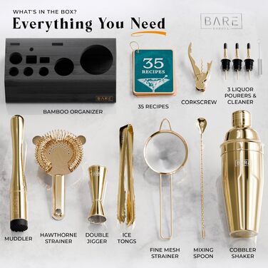 Професійний набір для коктейлів BARE BARREL Mixology Barkeeper Kit, 14 предметів, золотий, з шейкером Коблер 24oz та картками рецептів