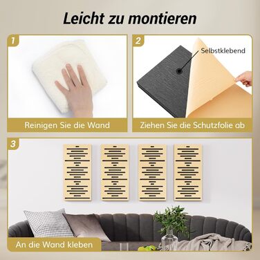 Акустичні панелі TONOR з шпоном під дерево, самоклейні (4 шт, 60x30x4.7 см) для звукоізоляції та декору стін, колір дуб — для вітальні та офісу