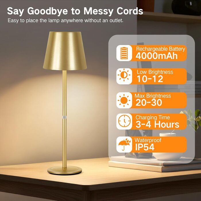 LED настільна лампа OUTON 2 шт. Бездротова, з регулюванням яскравості, 3 режими кольору, USB-C, IP54, 30 годин роботи, для дому та вулиці, чорний/золотий