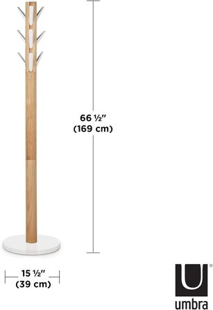 Umbra Flapper Coat Rack – Clothes Rack with 9 Drop-Down Hooks for Entryway and Office, Wood, White, 57.2 x 57.2 x 165.1 cm, White (White/Natural, Bundle with Umbrella Stand)