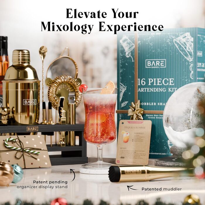 Набір бармена BARE BARREL® для приготування коктейлів | 16 предметів | Шейкер, барний аксесуар, інструменти для дому | 35 рецептів | Подарунковий набір