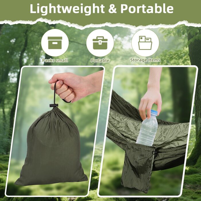 Гамак для відпочинку на природі та кемпінгу: міцний, ультралегкий, для одного або двох, 300 кг, 200 x 300 см, нейлон, зелений (хакі)