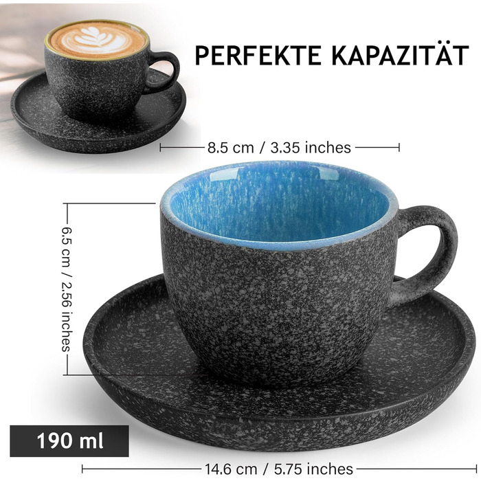 MIAMI - Set of 6 Stackable Ceramic Cappuccino Cups with Saucers and Metal Stand - 190 ml Stoneware Cups for Coffee, Americano, Latte, Café Mocha, and Tea - Las Palmitas Collection