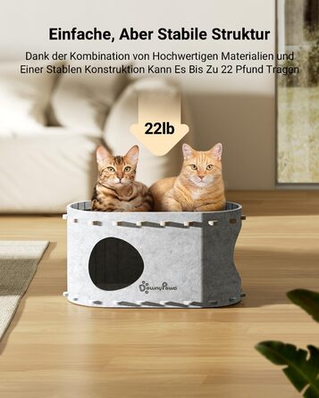 Будиночок-печеринка для котів DownyPaws з фетру, 2-ярусне ліжко для котів, 50 x 33 x 50 см. Затишний дизайн, захист кігтів, (одиночний, білий)