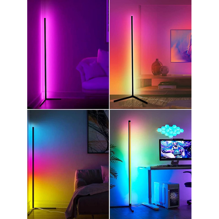LED-підлогова лампа DeeprBling для вітальні, 165 см, кутова RGB, з регулюванням яскравості, пультом та додатком, 16 мільйонів кольорів, музичні режими, DIY-режим та таймер для спальні, ігрової кімнати, офісу, читального залу. Трикутна основа.