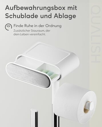 QUALISH Stainless Steel Toilet Paper Holder with Brush - Standing Toilet Paper Roll Holder & WC Kit - White