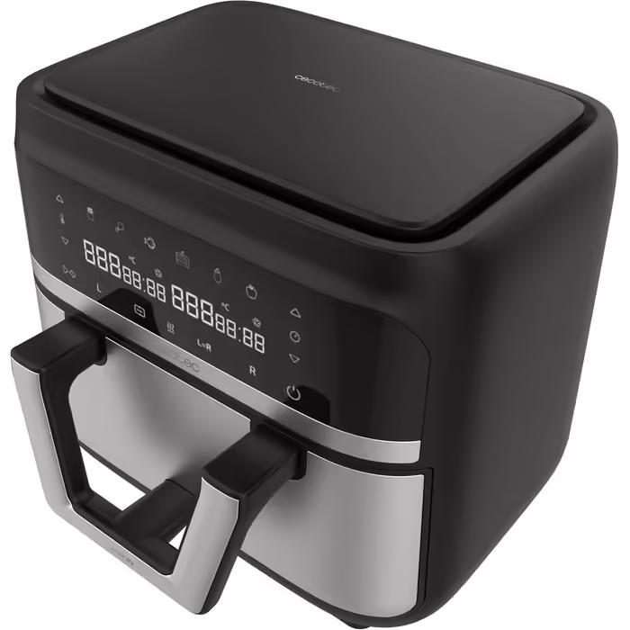 Cecotec Oil-Free Hot Air Fryer - 9L divisible into 2 - Air Fryer Cecofry Dual 9000. 2850W, dietary and digital, touch panel, dual temperature control, 6 modes, PerfectCook technology Black and Stainless Steel 1 9L basket + divider