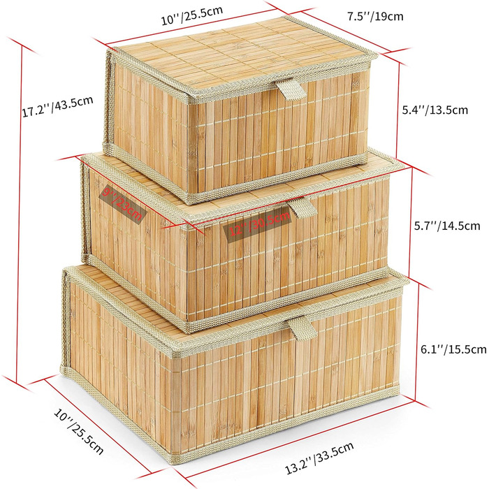 Honeycomb Storage Basket with Lid, Woven - Bamboo Decor Storage Boxes, Set of 3 Rattan Basket with Lid, Woven Fabric Insert for Bathroom, Kitchen, Shelf Organization (Large/Medium/Small)