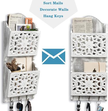 Дерев'яний органайзер для ключів з поличкою та відділенням для листів, крейдяною дошкою та 8 гачками, настінний (античний)