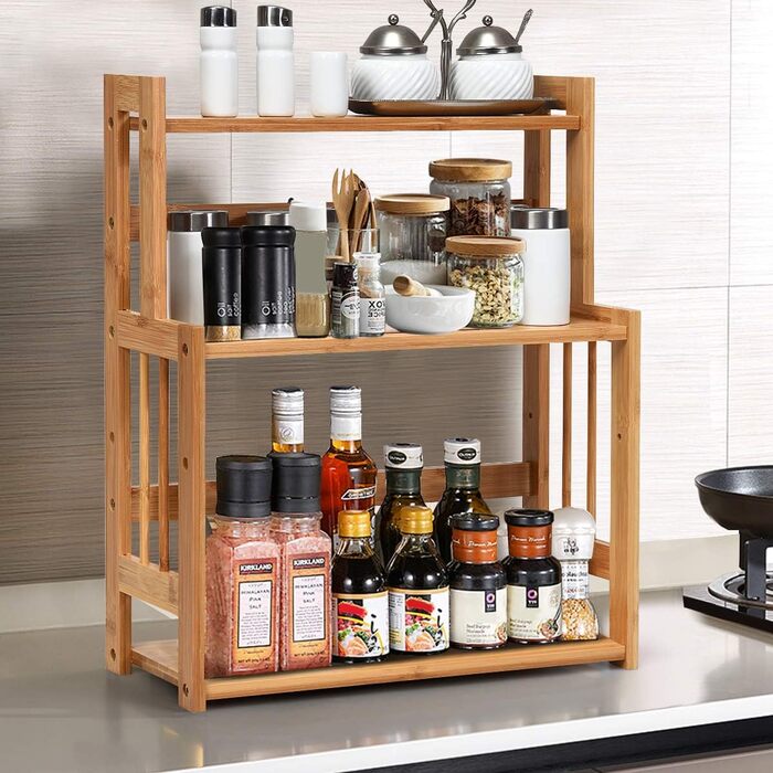 GIANTEX 3-Tier Bamboo Spice Rack, Corner Kitchen Shelf Organizer, Wooden Spice Stand Natural, Standing Kitchen Spice Rack, Kitchen Shelf System Spice Organizer Kitchen Organizer for Kitchen