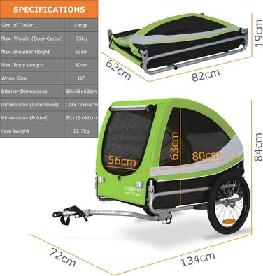 DOGGYHUT® Tobi - великий велотрейлер для собак до 35 кг (зелений)