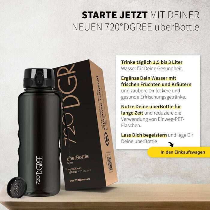 Пляшка для води 720°DGREE 'uberBottle' з ситечком, Tritan, 350мл-2л, чорна. Спортивна, дитяча, для фітнесу, школи, велосипеда, BPA-Free