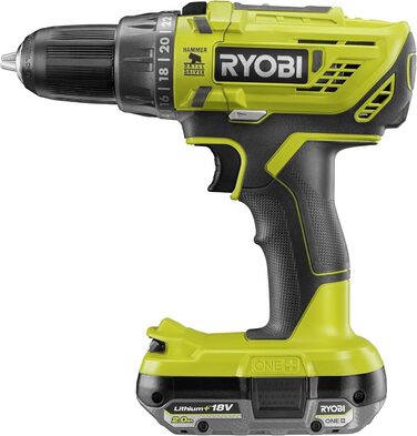 RYOBI 18V ONE+ акумуляторний ударний дриль-шуруповерт R18PD32-1C20G (2 швидкості, 50Nm, 24 ступ. крутного моменту, металевий патрон 13мм, 1x 2.0Ah акумулятор, зарядний пристрій) Generation 2 – безщітковий двигун