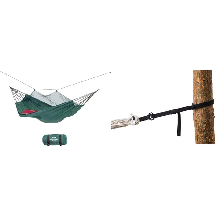 AMAZONAS Ultra-Light Hammock Mosquito Traveller 450 g 220cm x 140cm Packed size 22.5 x 9cm up to 150kg (Green, Bundle with T-Strap Hanging Set)