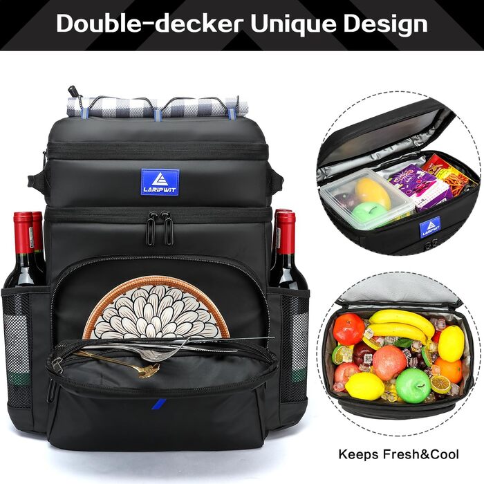 Рюкзак-холодильник Laripwit 54 літри, чорний: для пікніків, подорожей, кемпінгу та тактики