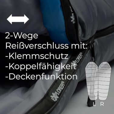 Спальний мішок EXPLORER® Comfort XL -23°C -5°C [350GSM] для дорослих, 3-4 сезони, зимовий, мумієподібний, 230x85x70 см, комбінується, для відпочинку на природі, кемпінгу, трекінгу та подорожей (Блакитний/Сірий)