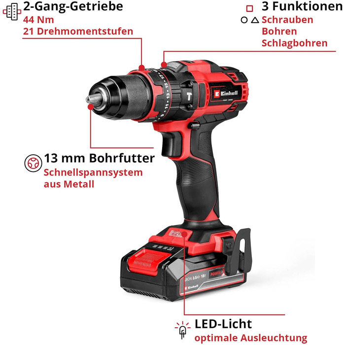 Акумуляторний ударний дриль-шуруповерт Einhell TE-CD 18/44 Li-i (1x2,5Ah) Power X-Change (18 В, 44 Нм, ударна функція, патрон 13 мм, 2 швидкості, з акумулятором 2,5 Ah та зарядним пристроєм)