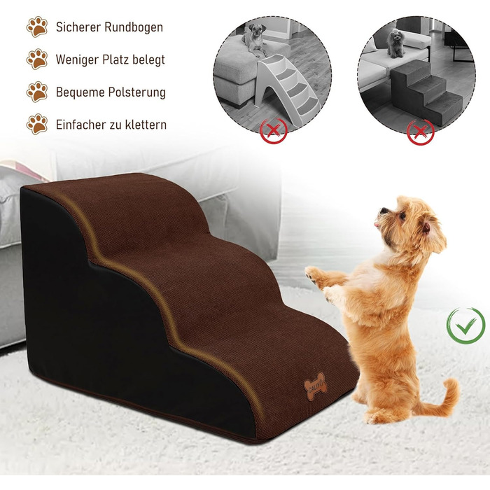 Сходинки для собак Caliyo 3 ступені, для маленьких собак та котів, 40 см, знімний чохол, антиковзаюча поверхня, для ліжка, дивану, авто (60×40×40см), коричневі