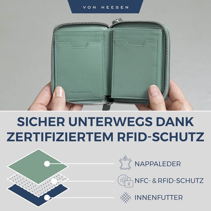 VON HEESEN Leather Wallet with RFID Blocker - Wallet for Women & Men made of Genuine Leather - Wallet with Coin Pocket - Purse for Women and Men in Turquoise (Silver Pine)