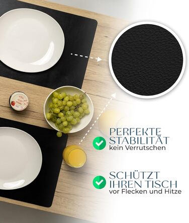 Table Placemats Washable 4-Pack – Sustainable, Stable & Non-Slip – High-Quality Recycled Leather, Made in Germany (Black)