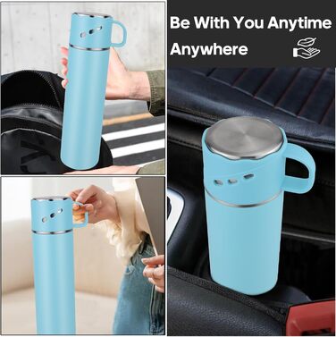 Термос з нержавіючої сталі 550 мл - термос-пляшка без протікань з чашкою та ручкою, вакуумний термокухоль 12 год гаряче / 12 год холодне, неслизький келих для кави в дорозі для спорту, роботи, школи, авто (Блакитний)