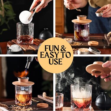 Whiskey Smoker Kit - Cocktail Smoker Kit with Torch, 2 Whiskey Glasses, 2 Ice Ball Makers, 6 Flavors of Wood Chips - Old Fashioned Smoker Bourbon Drink Smoking Set - Bourbon Gifts for