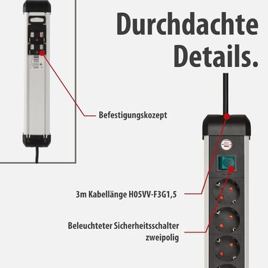 Бренненштуль Розподільник розеток Premium-Alu Line 10 розеток з вимикачем, 3м кабель, Алюміній, Made in Germany