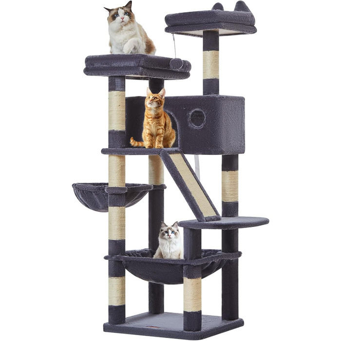 Дерев'яний комплекс для котів Taoqimiao MS026W (темно-сірий, 146 см) з будиночками, гамаком та 8 стовпчиками для шліфування кігтів