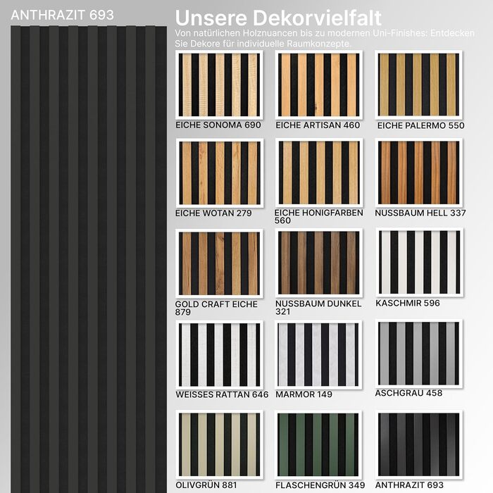 Акустичні настінні панелі SPAZIO Anthrazit 693, 260x54 см (набір 2 шт. 260x27 см), оббивка на фетрі для звукоізоляції