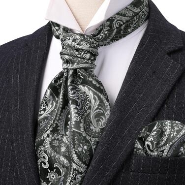 HISDERN Комплект краватка-снуд, краватка-аскот, хустинка для кишені чоловіча Paisley сіра/срібна для весілля та бізнесу