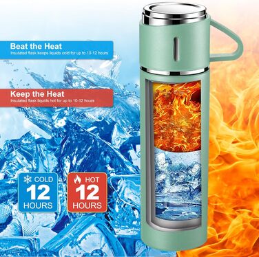 Stainless Steel Thermos Flask with Cup and Handle - 500ml Insulated Travel Mug - Leakproof, Double-Walled, Vacuum-Sealed - Keeps Hot/Cold for 12 Hours - for Kids, Sports, Outdoors (Black, Green)