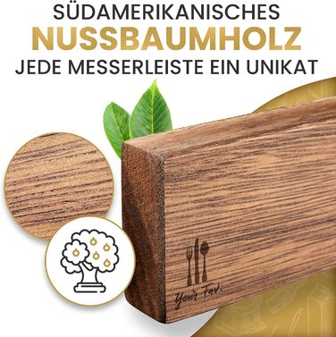 Magnetic Knife Strip, Wood, Self-Adhesive, No Drilling Required - XL Knife Strip for up to 10 Knives - 43x6.2cm - [ROCK SOLID] - Magnetic Knife Block made of Walnut Wood for the Kitchen - Magnetic Knife Holder