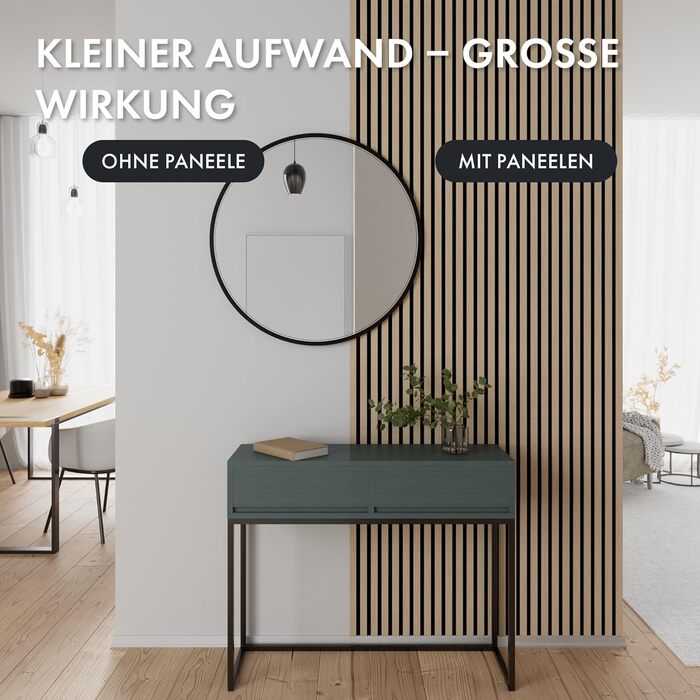 Акустична панель Momento з натурального дуба 240x50 см, 3D ламелі для шумоізоляції стін, колір дуб натуральний, чорний фліс (Made in Germany)