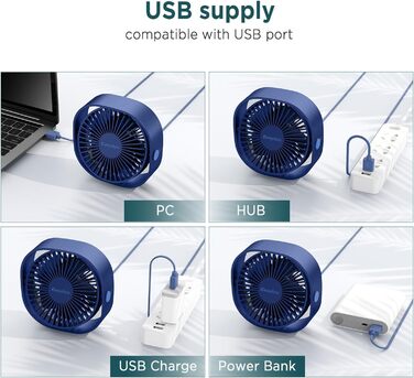 EasyAcc USB вентилятор: мініатюрний, тихий, настільний, 3 швидкості, 360° оберт, для офісу, дому. 2 роки гарантії (Marineblau, прямокутний)