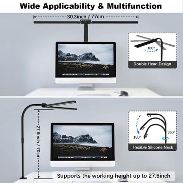 Лампа для столу Hapfish LED з кріпленням, 24W, подвійний настільний світильник, широке та яскраве освітлення, 5 режимів кольору та 5 рівнів регулювання яскравості, лампа денного світла для офісу, дому, дітей, з шийкою-лебедем