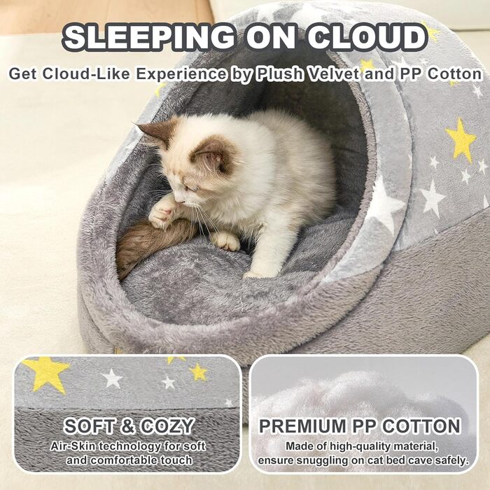 Jiupety Cat Cave, Cat House, Cat Basket, Cat Bed with Non-Slip Bottom, Cat Nest with Washable Removable Cushion, M (41 cm x 41 cm x 33 cm), (Gray, L 48 cm x W 43 cm x H 41 cm)