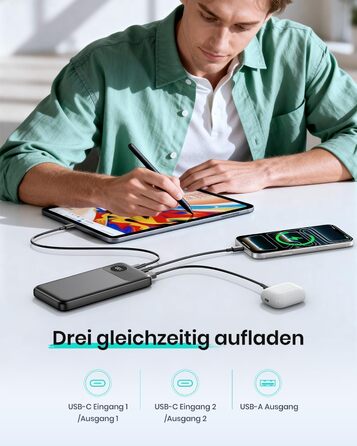 Power Bank A ADDTOP 20000mAh з LED-дисплеєм та швидкою зарядкою 22,5W (2 USB-C, 3 виходи, 2 входи) - чорний