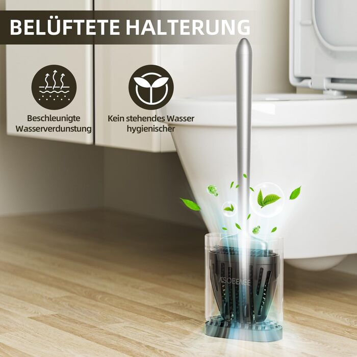 Щітка для унітазу ASOBEAGE з силікону: гнучкий наконечник, ручка з нержавіючої сталі, настінний кріплення, швидковисихаючий тримач для прибирання ванної кімнати (Чорний) (Сірий, 1 шт.)