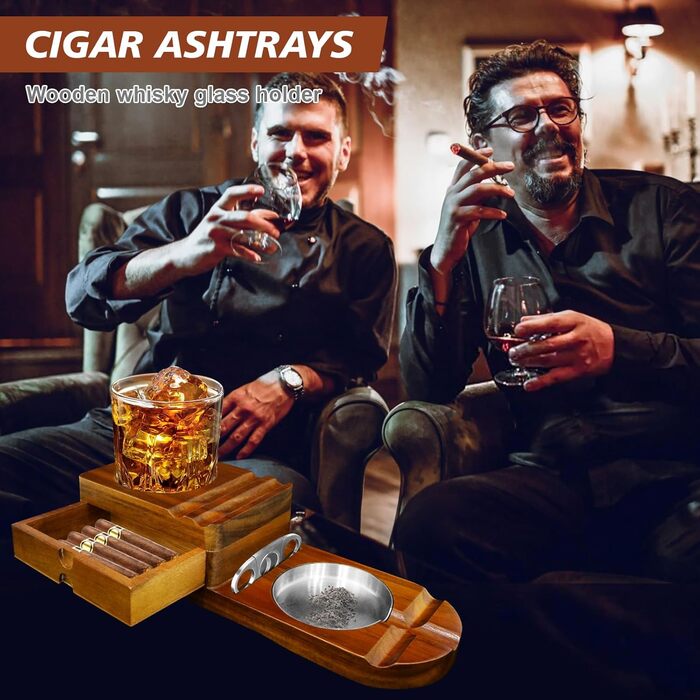 Wooden cigar ashtray, ashtray with whiskey tray and cigar holder + 1 cigar cutter, cigar humidor box with wine holder, for home, office or bar, men's birthday anniversary.