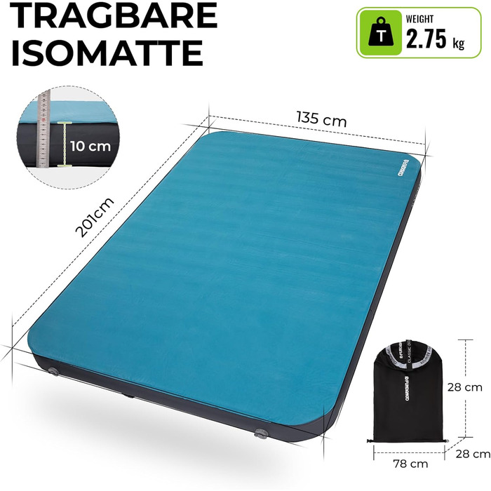 Килимок для кемпінгу Fundango самонадувний, 9.5 R-значення, піна-пам'ять, 10 см товщина, 3D посилені боковини, м'яка оксамитова поверхня для намету, подорожей на авто (подвійний)