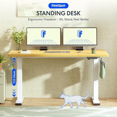 Регульований за висотою стіл FLEXISPOT 160x80 см з гачками, 25 мм стільниця, LED-дисплей та функція пам'яті (Акорн, Білий)