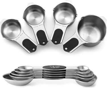 Магнітний набір мірних ложок і стаканчиків Spring Chef, 9 шт, з нержавіючої сталі, сильні магніти N45, для випічки і кухні, BPA-вільний, чорний