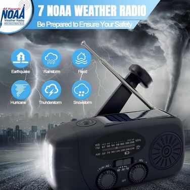 Сонячне радіо з ручним заводом 2000 mAh, AM/FM/NOAA, USB-зарядка, зарядний пристрій для телефону, SOS-сигнал, LED-ліхтарик для кемпінгу та походів (чорний)