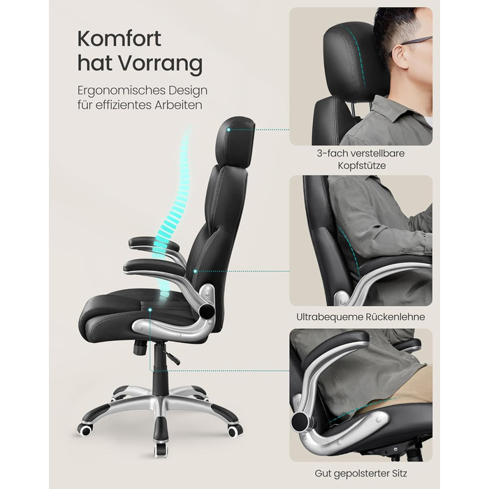 Крісло офісне SONGMICS, геймерське, регульована підголовник, функція гойдання, регульовані підлокітники, чорне, OBG65BK